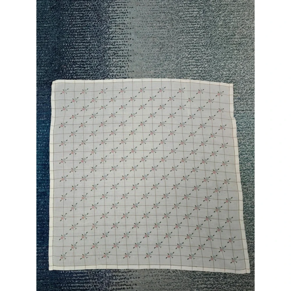 Floral Embroidered Tablecloth OS White pink blue Vintage Cross Stitch Grid